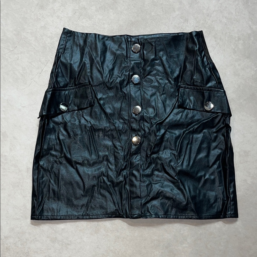 Black Faux Leather Button Pencil Skirt